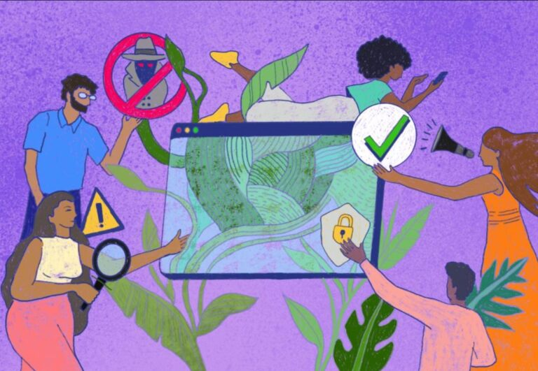 Ilustración del taller: personas defensoras acompañándose frente a amenazas digitales